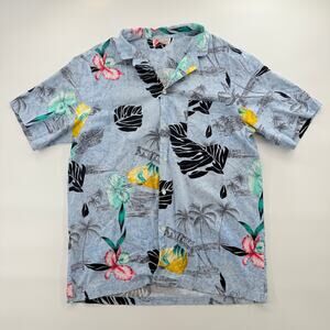 Malihini Hawaii Vintage Hawaiian Shirt Sz M Blue Floral Palm Tree Aloha Cotton